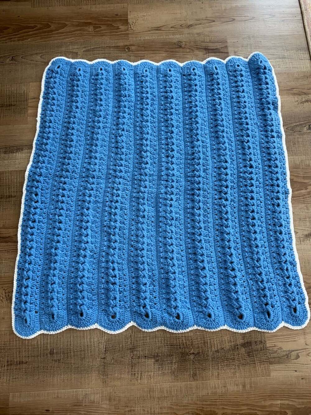 Handmade Blue Crochet Baby Blanket Size 36x42 Scallop Edge Striped Textured